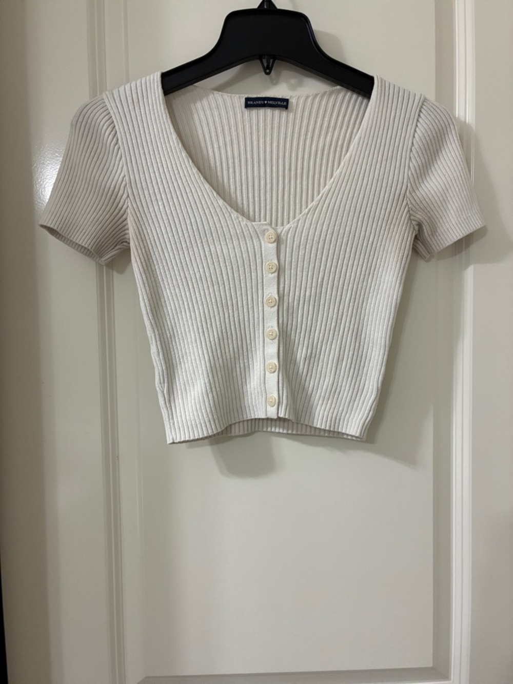 Brandy Melville Cream Ribbed V-Neck Button Crop Top